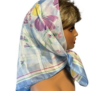 Floral Square Scarf blue pink yellow lavender green Easter Spring Xmas gift NWOT